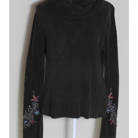 Ripple Creek Brown Chenille Cowl Neck Sweater Embroidered Floral Sleeve Sz M VTG - Picture 2 of 10